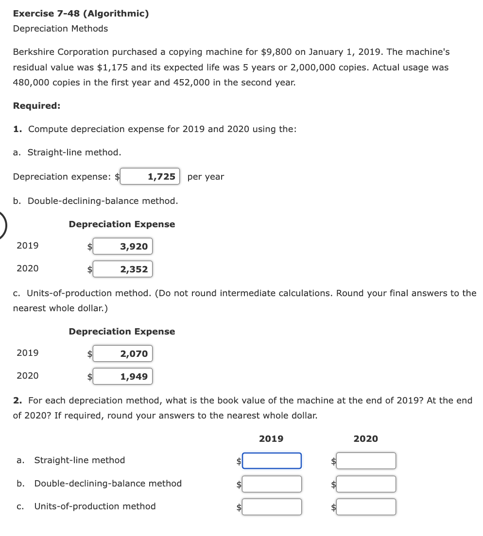 Exercise 7 48 Algorithmic Depreciation Methods Berkshire Corporation Purchased A Copying Machine For 9 800 On January 1