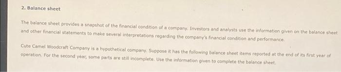 Cute Camel Woodcraft Company Balance Sheet For Year Ending December 31 Millions Of Dollars Year 2 Year 1 Year 2 Year 1 4