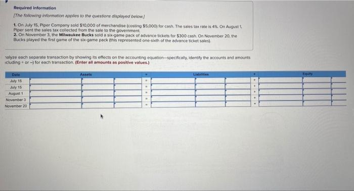 Required Information The Following Information Applies To The Questions Displayed Below 1 On July 15 Piper Company 2