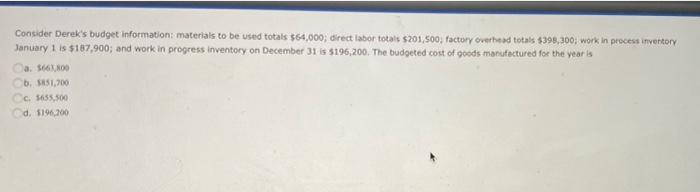 Consider Derek S Budget Information Materials To Be Used Totals 64 000 Direct Labor Totals 201 500 Factory Overhead 1