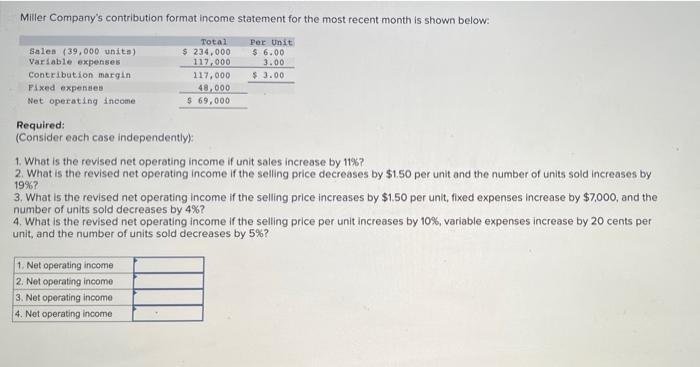 Miller Company S Contribution Format Income Statement For The Most Recent Month Is Shown Below Total Per Unit 6 00 Sal 1