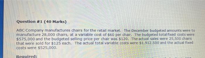 Question 1 40 Marks Abc Company Manufactures Chairs For The Retail Market The December Budgeted Amounts Were To Manu 1