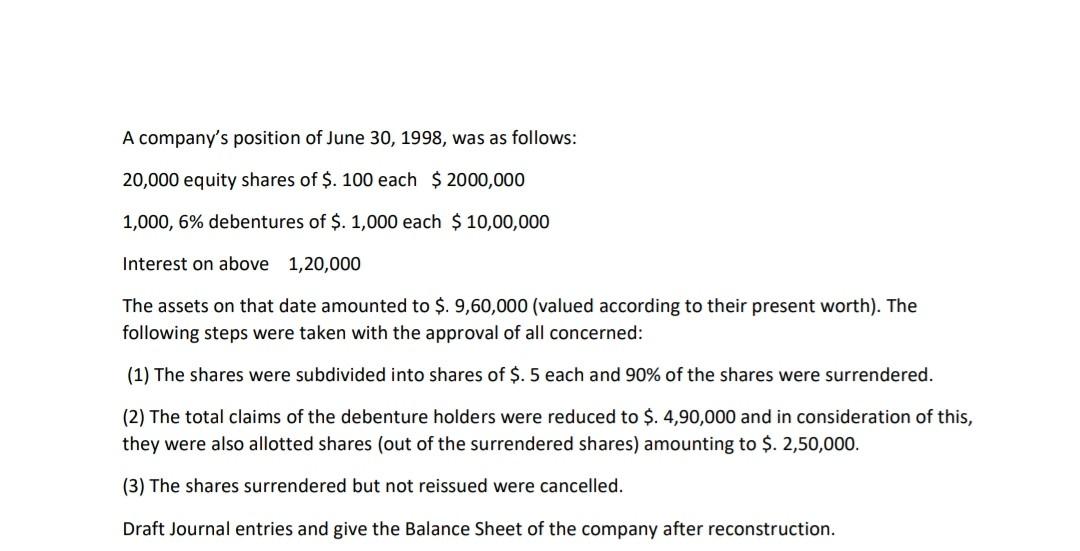 A Company S Position Of June 30 1998 Was As Follows 20 000 Equity Shares Of 100 Each 2000 000 1 000 6 Debentur 1