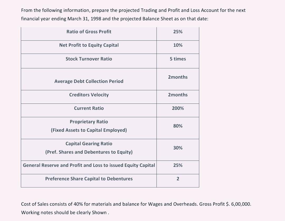 From The Following Information Prepare The Projected Trading And Profit And Loss Account For The Next Financial Year En 1