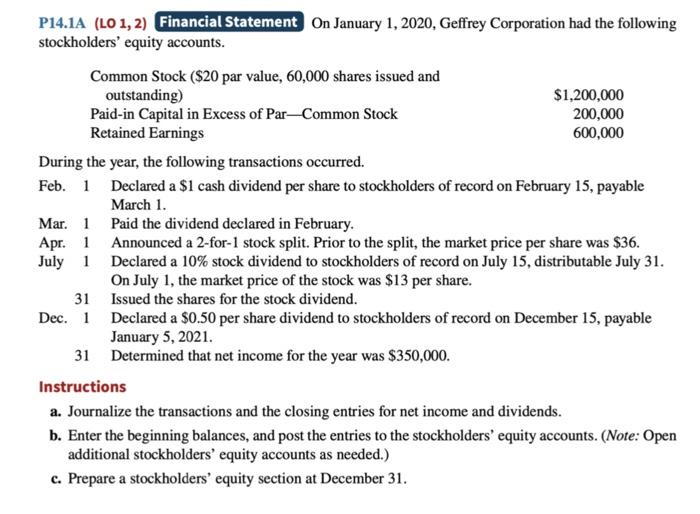 P14 1a Lo 1 2 Financial Statement On January 1 2020 Geffrey Corporation Had The Following Stockholders Equity Acco 1