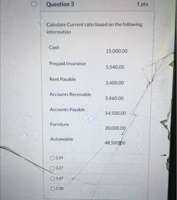 D Question 3 1 Pts Calculate Current Ratio Based On The Following Information Cash 15 000 00 Prepaid Insurance 5 540 00 1