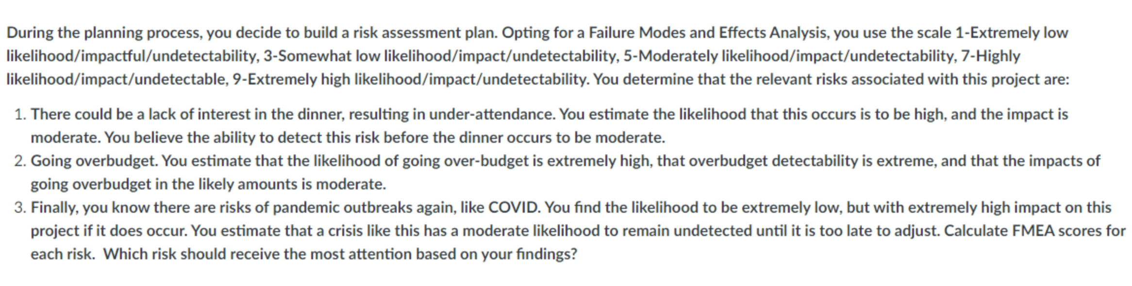 During The Planning Process You Decide To Build A Risk Assessment Plan Opting For A Failure Modes And Effects Analysis 1