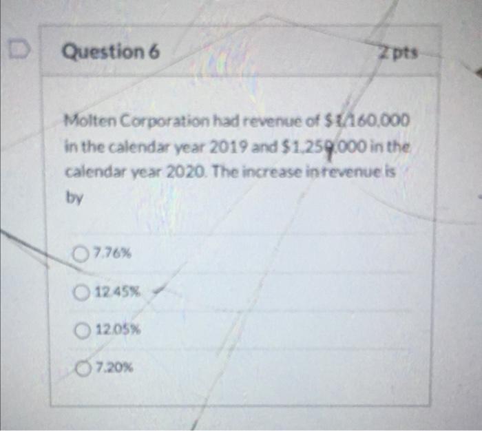 D Question 6 2pts Molten Corporation Had Revenue Of 1 160 000 In The Calendar Year 2019 And 1 250 000 In The Calendar 1