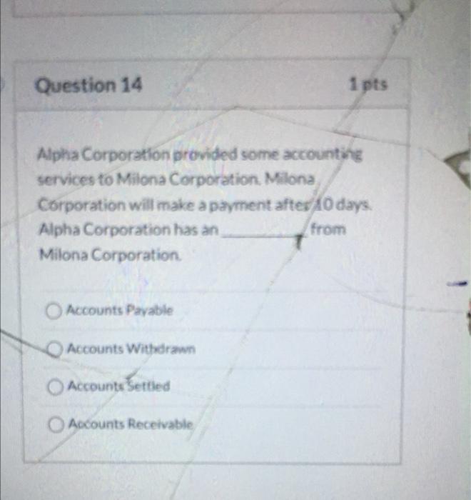 Question 14 1 Pts Alpha Corporation Provided Some Accounting Services To Milona Corporation Milona Corporation Will Mak 1