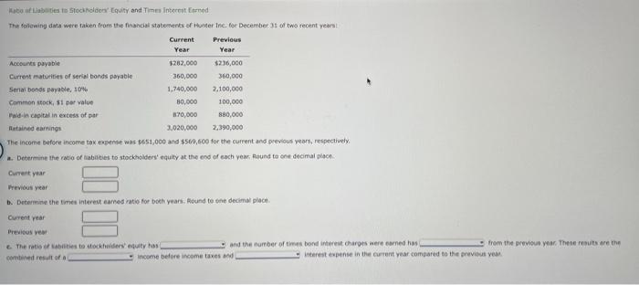 Kabo Of Liabilities To Stockholders Equity And Times Interest Earned The Following Data Were Taken From The Financial S 1