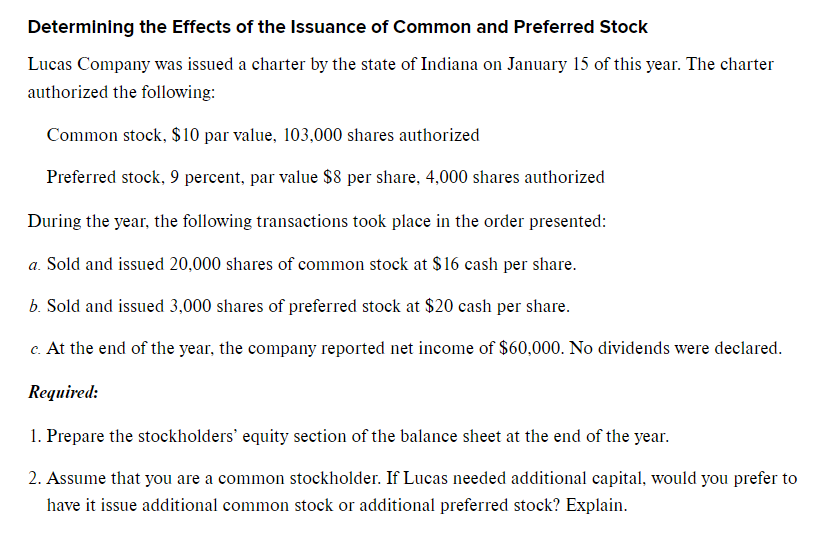 Determining The Effects Of The Issuance Of Common And Preferred Stock Lucas Company Was Issued A Charter By The State Of 1