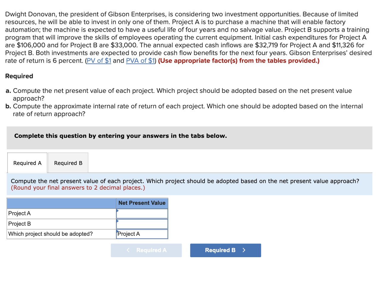 Dwight Donovan The President Of Gibson Enterprises Is Considering Two Investment Opportunities Because Of Limited Res 1