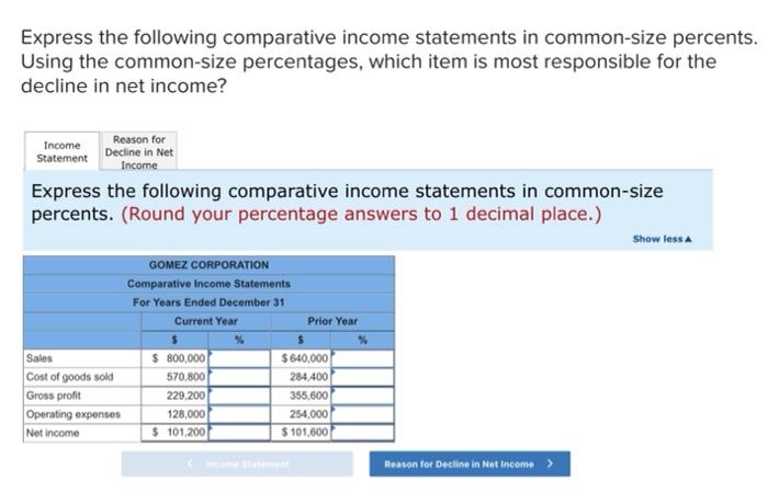 Express The Following Comparative Income Statements In Common Size Percents Using The Common Size Percentages Which It 1