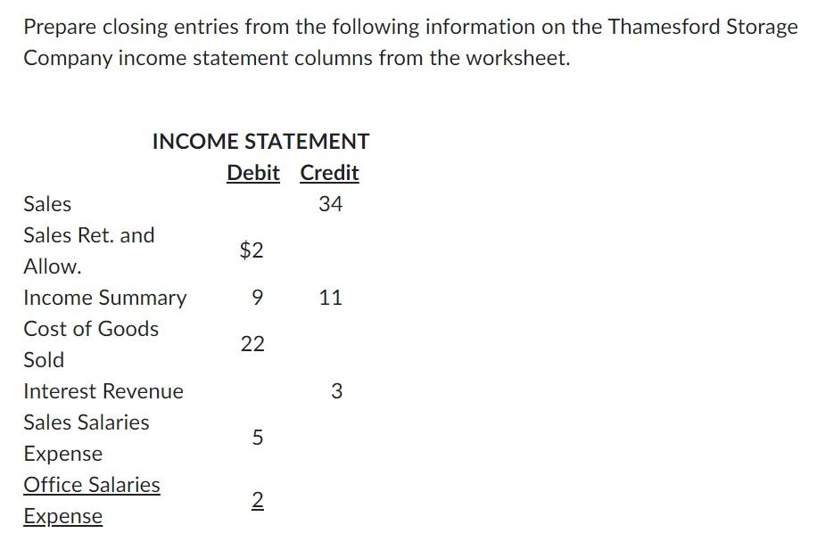 Prepare Closing Entries From The Following Information On The Thamesford Storage Company Income Statement Columns From T 1