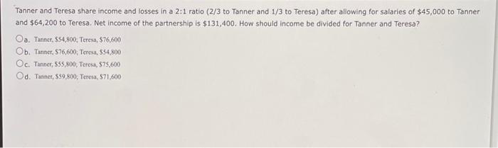 Tanner And Teresa Share Income And Losses In A 2 1 Ratio 2 3 To Tanner And 1 3 To Teresa After Allowing For Salaries O 1