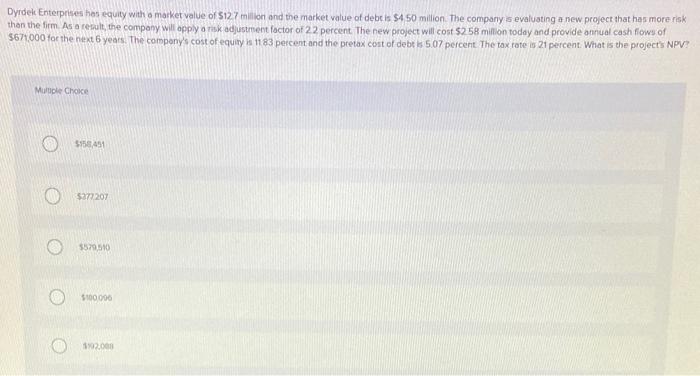 Dyrdek Enterprises Has Equity With A Market Value Of 12 7 Million And The Market Value Of Debt Is 4 50 Million The Co 2
