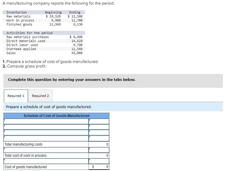 A Manufacturing Company Reports The Following For The Period Beginning Ending 12 500 18 520 Inventories Raw Materia 1