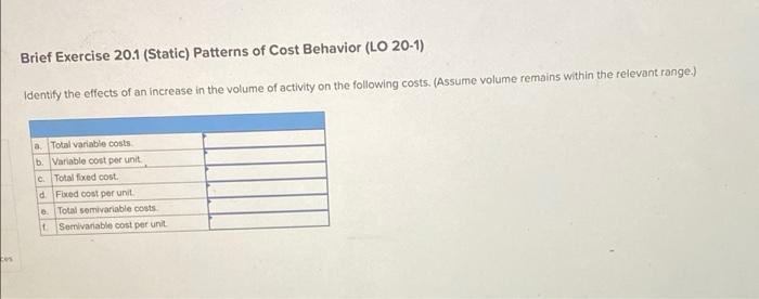 Ces Brief Exercise 20 1 Static Patterns Of Cost Behavior Lo 20 1 Identify The Effects Of An Increase In The Volume O 1
