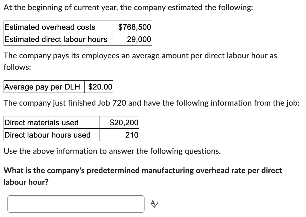 At The Beginning Of Current Year The Company Estimated The Following Estimated Overhead Costs 768 500 Estimated Direc 1