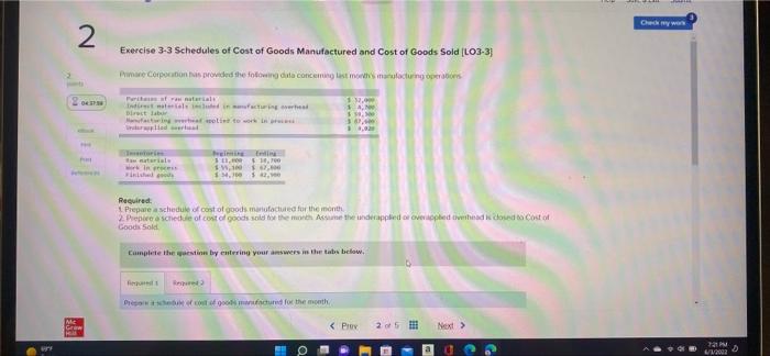 2 04 37 34 P Mc Graw Exercise 3 3 Schedules Of Cost Of Goods Manufactured And Cost Of Goods Sold Lo3 3 Primare Corpora 1