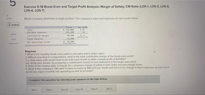 2 Po 5 Gence Exercise 5 18 Break Even And Target Profit Analysis Margin Of Safety Cm Ratio Lo5 1 Lo5 3 Lo5 5 Lo5 6 1