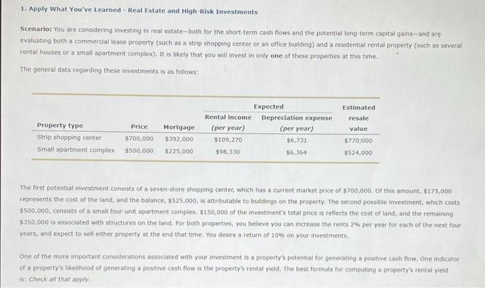 1 Apply What You Ve Learned Real Estate And High Risk Investments Scenario You Are Considering Investing In Real Esta 1