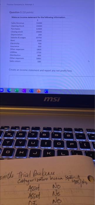 Therese Sangalla Antep 1 Question 1 10 Points Make An Income Statement For The Following Information S 55000 Sales Rev 1