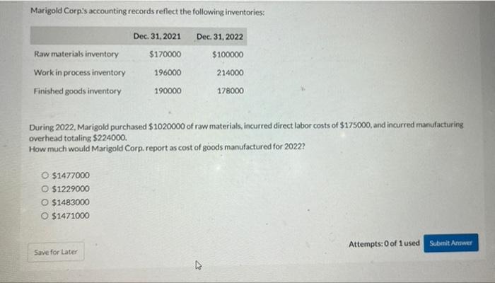 Current Attempt In Progress Marigold Corp Accounting Records Reflect The Following Inventories Dec 31 2021 Dec 31 2 1