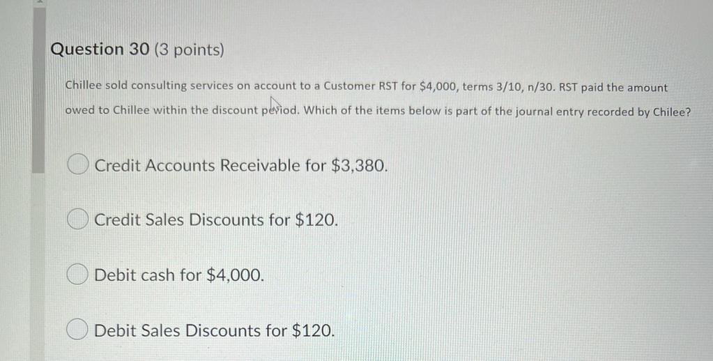 Question 30 3 Points Chillee Sold Consulting Services On Account To A Customer Rst For 4 000 Terms 3 10 N 30 Rst P 1