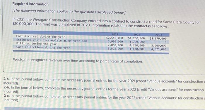 Required Information The Following Information Applies To The Questions Displayed Below In 2021 The Westgate Constru 1