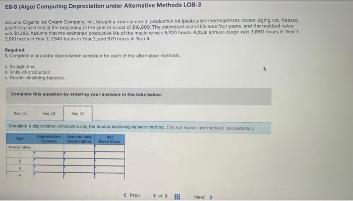 Help E8 9 Algo Computing Depreciation Under Alternative Methods Lo8 3 Assume Organic Ice Cream Company Inc Bought A 3
