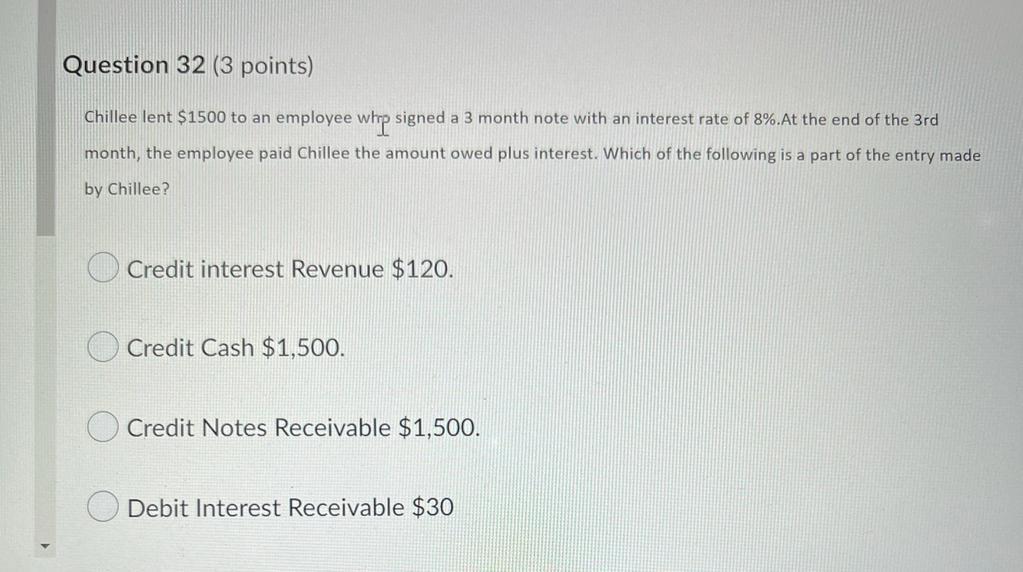 Question 32 3 Points Chillee Lent 1500 To An Employee Whp Signed A 3 Month Note With An Interest Rate Of 8 At The En 1
