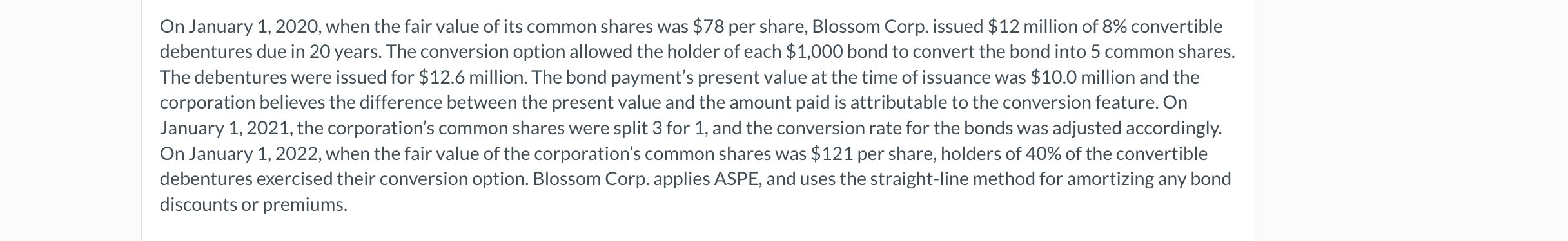 On January 1 2020 When The Fair Value Of Its Common Shares Was 78 Per Share Blossom Corp Issued 12 Million Of 8 C 1