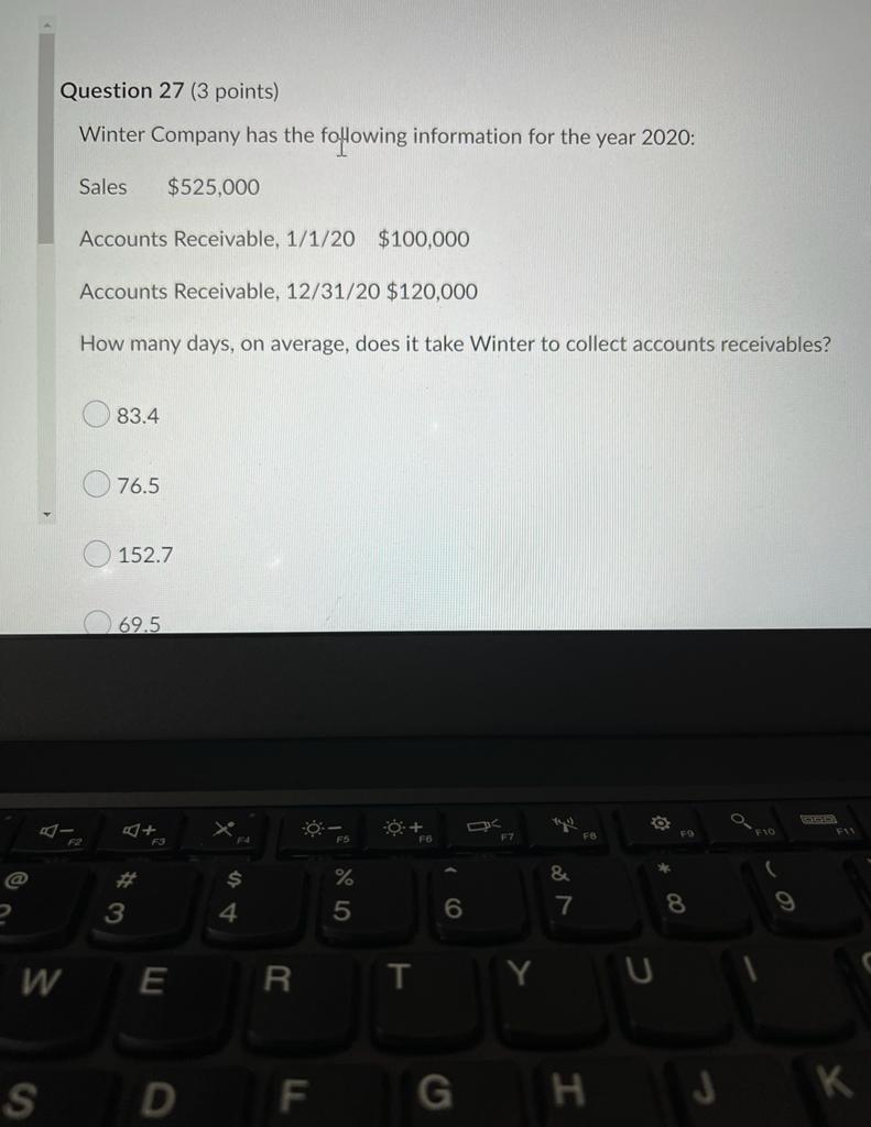 D Question 27 3 Points Winter Company Has The Following Information For The Year 2020 Sales 525 000 Accounts Recei 1