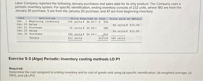 Laker Company Reported The Following January Purchases And Sales Data For Its Only Product The Company Uses A Periodic 1