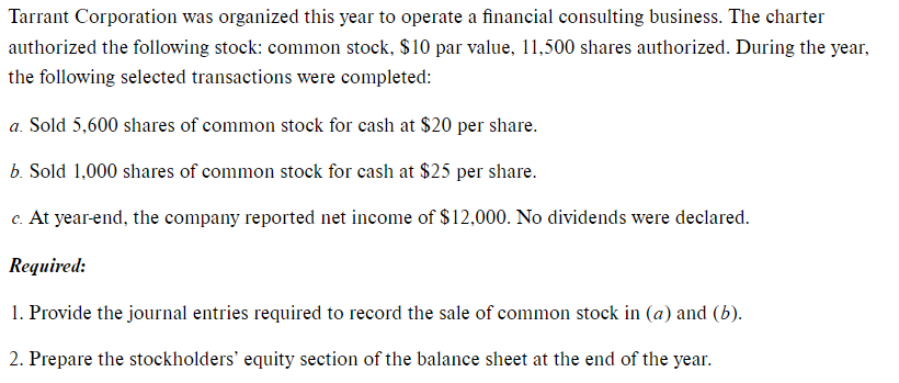 Tarrant Corporation Was Organized This Year To Operate A Financial Consulting Business The Charter Authorized The Follo 1