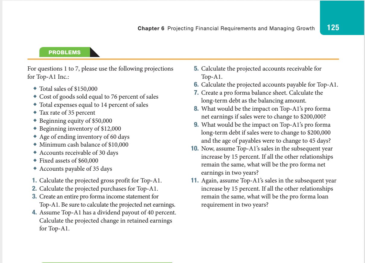 Chapter 6 Projecting Financial Requirements And Managing Growth 125 5 Calculate The Projected Accounts Receivable For T 1