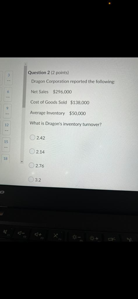 6 12 15 18 Question 2 2 Points Dragon Corporation Reported The Following Net Sales 296 000 Cost Of Goods Sold 138 0 1