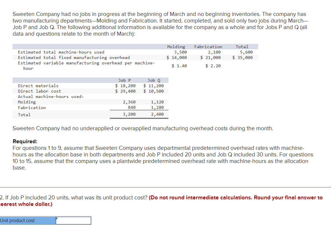 Sweeten Company Had No Jobs In Progress At The Beginning Of March And No Beginning Inventories The Company Has Two Manu 1