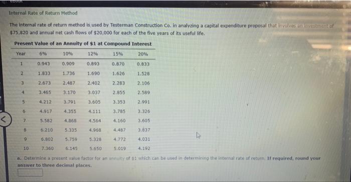 Bbook Internal Rate Of Return Methodi The Internal Rate Of Return Method Is Used By Testerman Construction Co In Analyz 1