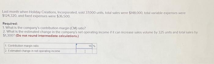Last Month When Holiday Creations Incorporated Sold 37 000 Units Total Sales Were 148 000 Total Variable Expenses W 1