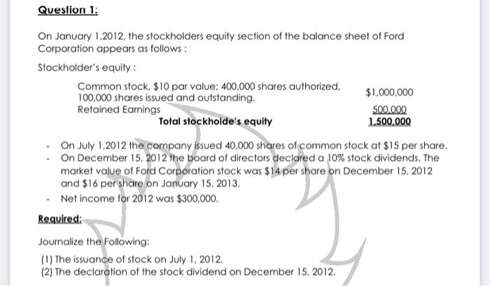 Question 1 On January 1 2012 The Stockholders Equity Section Of The Balance Sheet Of Ford Corporation Appears As Follo 1
