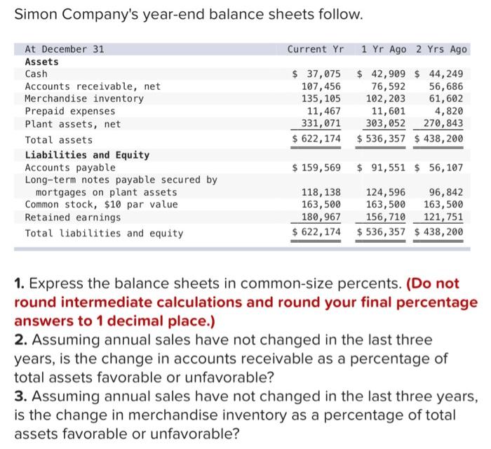 Simon Company S Year End Balance Sheets Follow At December 31 Current Yr 1 Yr Ago 2 Yrs Ago Assets Cash 37 075 42 9 1