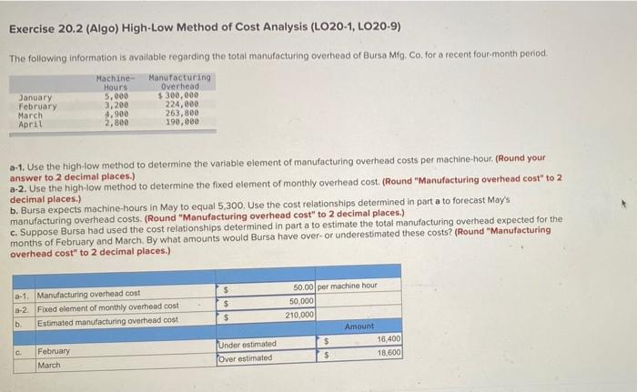 Exercise 20 2 Algo High Low Method Of Cost Analysis Lo20 1 Lo20 9 The Following Information Is Available Regarding 1