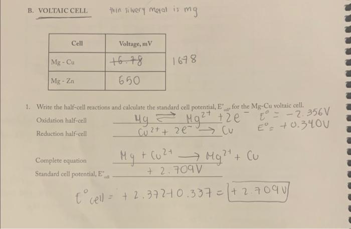 B Voltaic Cell Then I Wery Moral Is Mg Cell Voltage Mv Mg Cu 6 78 1678 Mg Za 650 27 1 Write The Half Cell Reacti 1