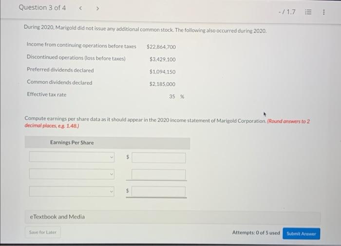 Question 3 Of 4 View Policies Current Attempt In Progress At December 31 2019 Marigold Corporation Had The Following 2