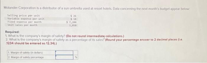 Molander Corporation Is A Distributor Of A Sun Umbrella Used At Resort Hotels Data Concerning The Next Month S Budget A 1