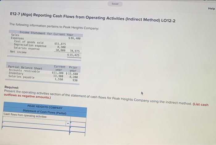 Saved E12 7 Algo Reporting Cash Flows From Operating Activities Indirect Method Lo12 2 The Following Information Per 1