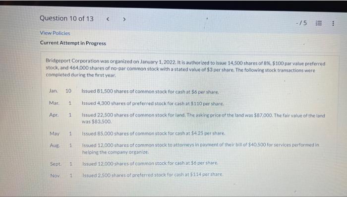 Question 10 Of 13 15 E View Policies Current Attempt In Progress Bridgeport Corporation Was Organized On January 1 1