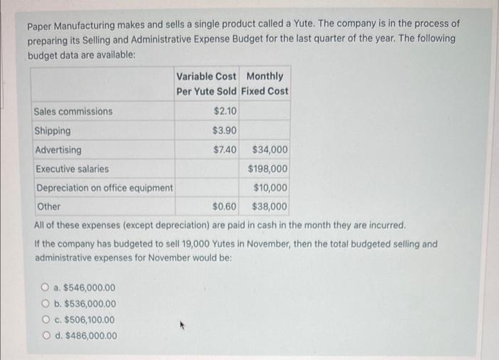 Paper Manufacturing Makes And Sells A Single Product Called A Yute The Company Is In The Process Of Preparing Its Selli 1